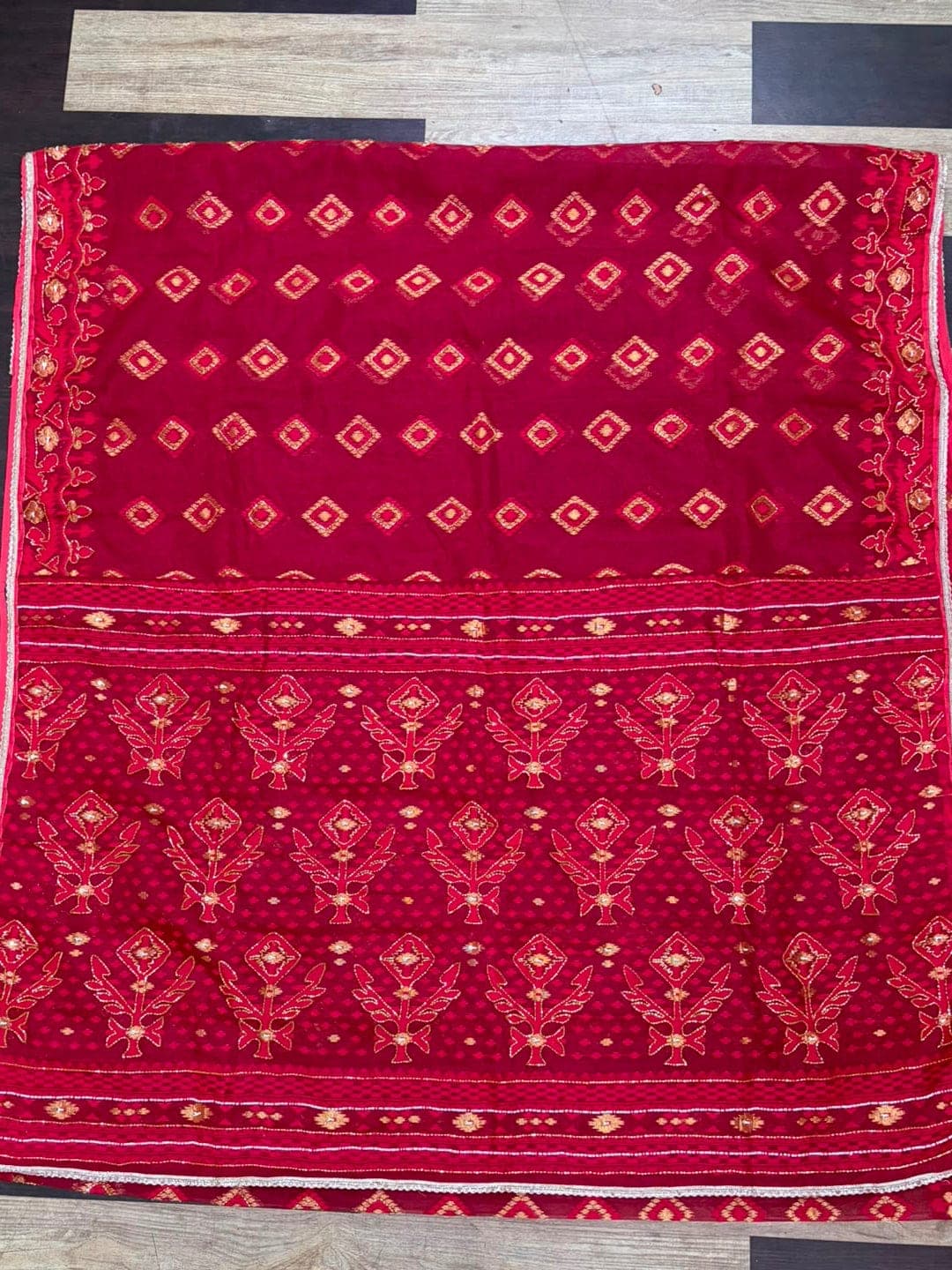Red Jamdani Kardana work Saree